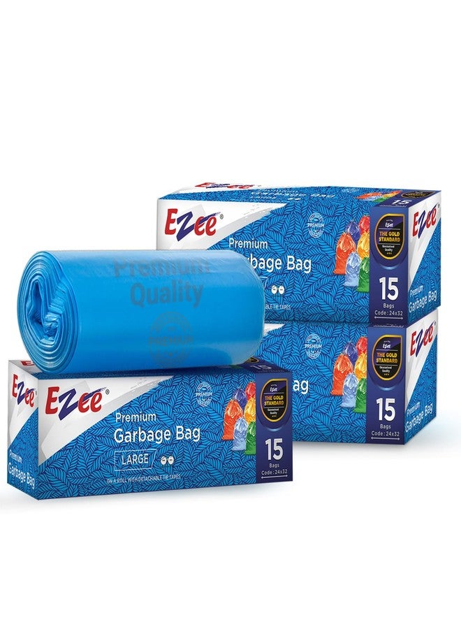 Ezee Blue Garbage Bags Large 45 Pcs | 15 Pcs x Pack of 3 Rolls | 24 x 32 Inch | Dustbin Bags/Trash Bags/Dustbin Covers for Wet and Dry Waste - Image 1